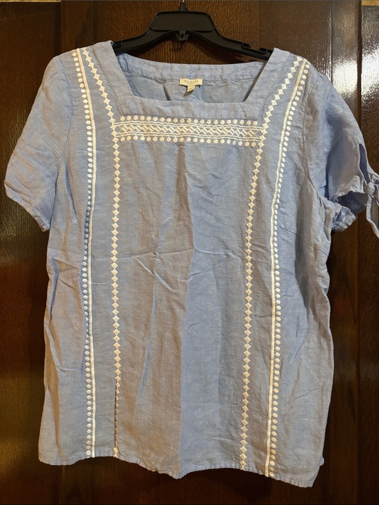 Talbots Tops - Talbots Light Blue Linen-Blend Square Neck Embroidered Blouse